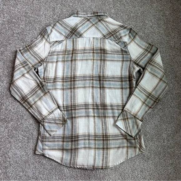 BKE Vintage Tailored Fit Plaid Western Pearl Snap Shirt Mens Medium Cream Blue - Picture 7 of 7